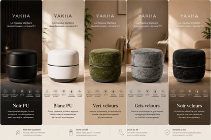 Pouf Yakha — les 5 coloris : Noir PU, Blanc PU, Vert velours, Gris velours, Noir velours